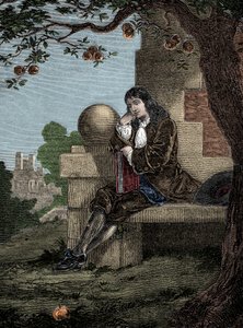 Isaac Newton pozoroval, jak jablko padá na zem, zatímco sedí pod stromem od Italian School