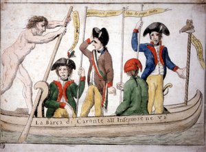 Italská karikatura o Napoleonu Caronovi, který vzal Napoleona do pekla na své lodi. od Italian School