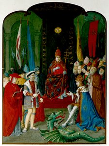 Král Jindřich VIII ve sporu s císařem Karlem V. před papežem Lvem X. Jindřich drží roli, kterou může být bula z roku 1521, která mu uděluje titul 