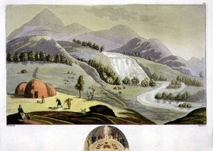Laponská krajina s rybářským obydlím a průřezem této chýše, deska 49 z „Dějiny národů“ (akvatinta) od Italian School