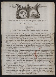 Dopis v italštině s vyobrazením hlavy Bruta mladšího, hořící ruky představující Gaia Mucia Scaevoly a mottem Francouzské revoluce od Italian School