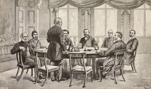 Londýnská konference o Egyptě, Spojené království: hrabě Munster, Musurus Pasha, Granville (stojící), hrabě Nigra, Waddington, De Staal, Childers, hrabě Karolyi, rytina z kresby Edoarda Ximenese, z L