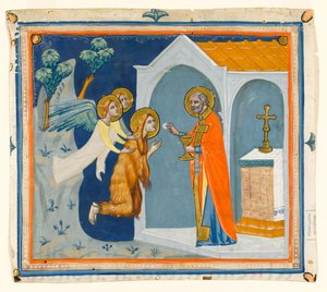 MS McClean folio 201.4 r Svatá Máří Magdaléna na poušti v okolí Aix, kterou andělé nesou ke svatému Maximinovi, který jí podává poslední přijímání, asi 1330. od Italian School