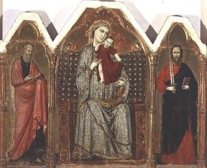 Madonna a dítě na trůnu, s SS. Jan Evangelista a Pavel, Riminese School (triptych panel) od Italian School