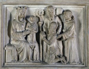 Madonna s dítětem, s válečníkem a světci, reliéf vytvořený mistry Campione. Itálie od Italian School
