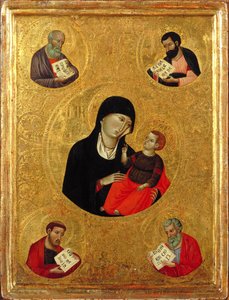 Madonna a dítě se čtyřmi evangelisty (tempera a plátkové zlato na panelu) od Italian School