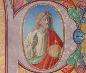 Iluminace rukopisu se Salvatorem Mundim v iniciále P, ze sborové knihy (tempera, inkoust a zlato na pergamenu) od Italian School