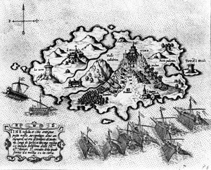 Mapa ostrova Tinos s benátskou flotilou, 17. století