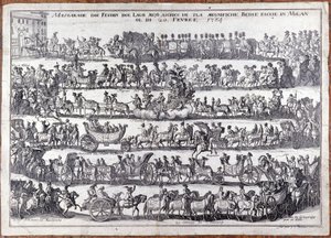 Maškaráda: průvod a tanec masek lidí u příležitosti masopustu. Milan 20.2.1764 Rytina 18. stol od Italian School