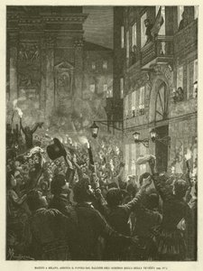 Mazzini v Miláně, Arringa lidé z balkónu Albergo Della Bella Venezia (rytina) od Italian School