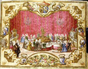 Jídlo podávané na počest gonfaloniera Zambeccariho za nasazení soudnictví. 1720. Bologna, Archivio di stato. od Italian School