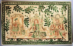 Středověká dekorativní plaketa s vyobrazením Konstancie z Hauteville, Rogera Sicilského a Fridricha II. z Hohenstaufenu, výroba Alessi, Caltagirone, Sicílie, Itálie (keramika) od Italian School
