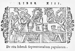 Muži pijí, ilustrace z Historie severních národů od Olause Magnuse (1490-1558), vydaná v Římě, 1555 od Italian School