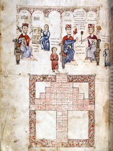 Miniaturní stránka „Ecloga Legum“, právní rukopis z roku 1175. Zobrazené znaky jsou zleva doprava Justinián I. (482 - 565), Lev I. (457-474) a Konstantin I. Veliký (270/288 - 337) . Benátky, bibl. Marciana. od Italian School