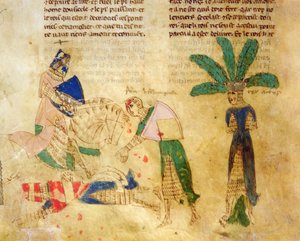 Ms.EST.59 fol.85v Tristan osvobozuje krále Artuše, z Příběhu o Tristanovi (pergamen) od Italian School