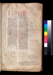 Ms 213. Gregory IX, Decretales with Apparatus od Bernarda Botone z Parmy, F.1r. Iniciála [G] v červené barvě s rezervovaným a modrým zdobením perem od Italian School