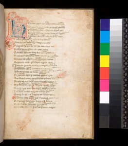 Ms 315. Horác, Ars Poetica a Epistulae, f.1r. Zdobená iniciála [N] v modré a červené plenkové výplni a okolní pero v červené barvě od Italian School