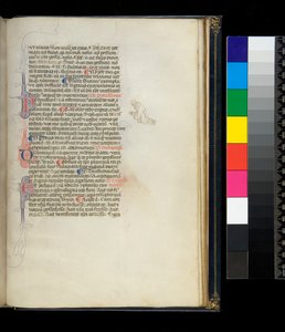 Ms 373. Pseudo-Cicero, Rhetorica ad Herennium a další díla, f.50r. Perem rozkvetlé iniciály a perová dekorace na okraji představující klečícího bosého mnicha, kolem roku 1337 od Italian School