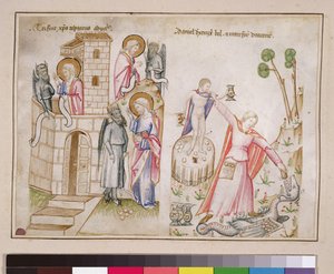 Paní 43-1950 (5v) Christs Temptation, Daniel ničící Bel, ze Speculum Humanae Salvationis od Italian School