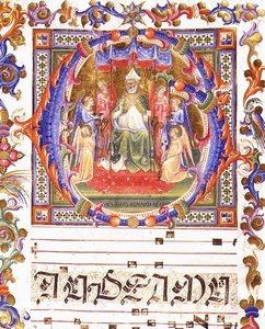 Ms 557 f.35v Historická iniciála „O“ zobrazující Aegidius (sv. Jiljí) (d.c.700) trůnící obklopený anděly, z „Messale di Sant