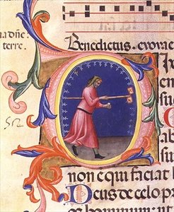 Ms 559 f.113v Historická iniciála „O“ znázorňující svatého Josefa držícího tyč se dvěma prapory zdobenými holubicemi, ze žaltáře Santa Maria Novella, osvětleného Paolo Soldini (fl.1342-86) 1379 (vellum) od Italian School