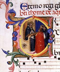 Ms 559 f.285v Historizovaná iniciála "O" zobrazující mnicha u řečnického pultu, který rozmlouvá s dalšími mnichy, z žaltáře Santa Maria Novella, iluminoval Paolo SOldini (fl.1342-86) 1379 (pergamen) od Italian School