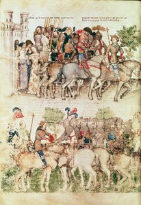 Paní Fr 343 fol.8v Arthur a jeho rytíři se vydávají na cestu za Svatým grálem, z Queste del Saint Graal, kolem 1380-85 od Italian School