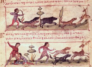Paní Grec 479 Lov jelenů, ilustrace z Cynegetica od Oppiana (tempera na pergamenu) od Italian School