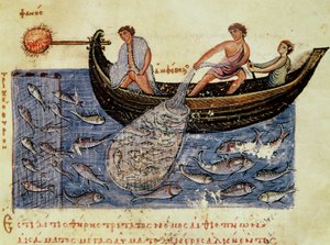 Paní Grec 479 Fishing with a Net, ilustrace z Halieutica od Oppiana (tempera na pergamenu) od Italian School