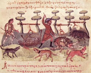 Paní Grec 479 Lov se sítěmi, ilustrace z Cynegetica od Oppiana (tempera na pergamenu) od Italian School