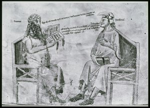 Ms Lat 6823 fol.2 Averroes (1126-98) v rozhovoru s Porfyriem (asi 232-c.305) (perem a tuší a lakem na papíře) od Italian School
