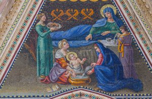 Narození Panny Marie, mozaika, štít bočního vchodu, mozaika, fasáda katedrály Orvieto, Umbrie, Itálie od Italian School