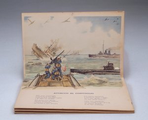 Námořní bitva, trojrozměrná ilustrace z dětské knihy I nostri soldati (Naši vojáci) od Italian School