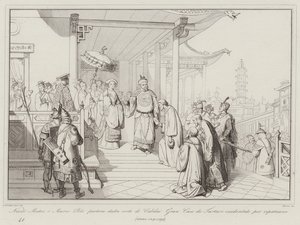 Nicolo Matteo a Marco Polo odcházejí ze dvora Cubilai Gran Can de Western Tartars, aby se repatriovali od Italian School