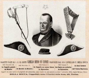 Předměty používané Camillo Benso conte di Cavour (1810-1861) - klobouky a odznaky jeho politických a diplomatických funkcí, s velkou šňůrou Řádu svatého Maurice a svatého Lazara (Ordine dei Santi Maurizio e Lazzaro) - rytina 19. stol. od Italian School