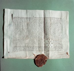 Oficiální dokument císaře Karla IV. (1316-1378) oficiálně potvrzující univerzitu v Sieně (Universita di Siena) jako všeobecné studium““ od Italian School