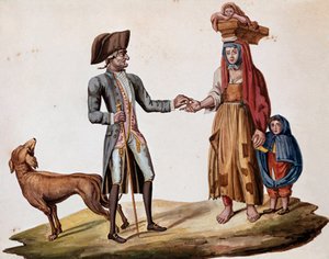 Staré neapolské metiery: šlechtic dává minci palmisciánovi - (starý neapolský obchod: bohatý muž dává peníze chudému vypravěči) Akvarel 19. století - Neapol Museo Nazionale di San Martino od Italian School