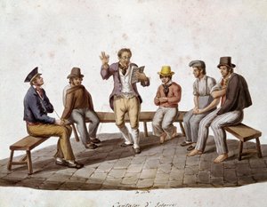 Staroneapolští metierové: cestující čtenář nebo zpěvák balad - (staroneapolští řemeslníci: vypravěč) Akvarel 19. století - Neapol Museo Nazionale di San Martino od Italian School