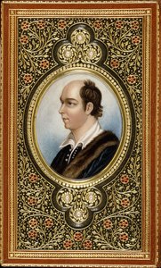 Oválný miniaturní portrét Olivera Goldsmitha, rámovaný zlacenými trojlístky se třemi perlami, 1831 od Italian School