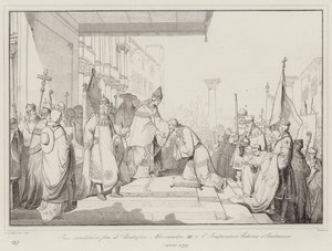 Mír uzavřen mezi papežem Alexandrem III. a císařem Fridrichem I. Barbarossou od Italian School