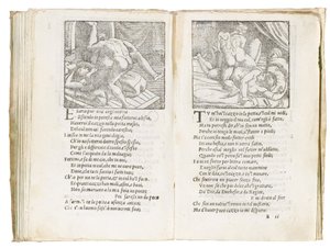 Stránka z "Sonetti Lussuriosi" od Pietra Aretina, ilustrovaná Giuliem Romanem a vyrytá Marcantoniem Raimondim, publikováno v Benátkách, kolem roku 1527 od Italian School