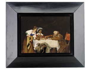 Panel zobrazující kavalíra a mnicha u jídelního stolu s přítomnou dámou, Menegatti, Florencie, konec 19. století (pietra dura) od Italian School