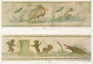 Pelikáni, vodní rostliny a trpaslíci prchající před krokodýlem podle původních fresek z Images du Colombier de la Villa Pamphilj od G. Bendinelliho, 1941 od Italian School