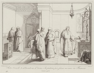 Pietro Orseolo I opouští svůj trůn a svou vlast, aby se stal mnichem ve Francii, 978 (rytina) od Italian School