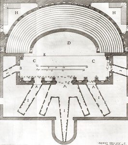 Plán olympijského divadla, Vicenza, navržený Andrea Palladio (1508-80), postavený v letech 1580-85 od Italian School