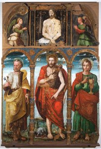 Polyptych Svatý Jan Křtitel se svatým Petrem a svatým Janem Evangelistou, první polovina 16. století (tempera na desce) od Italian School