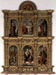 Polyptych zobrazující Madonu s dítětem se svatými (olej na panelu) od Italian School