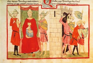 Papež Bonifác VIII v Anagni a vyhnání Sciarra Colonna (Giacomo Colonna) z města, miniatura z kroniky Giovanniho Villaniho, rukopis Chigi L VIII 296 folio 176 recto, Itálie 14. století. od Italian School