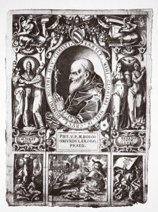 Papež Pius V., s vinětami bitvy u Lepanta, z Vita del Gloriosissimo Papa Pio Quinto, hospoda. 1586 od Italian School
