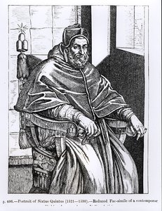 Portrét papeže Sixta V. (1520-90) ilustrace z „Vědy a literatury ve středověku a renesanci“, napsal a vyryl Paul Lacroix, 1878 od Italian School